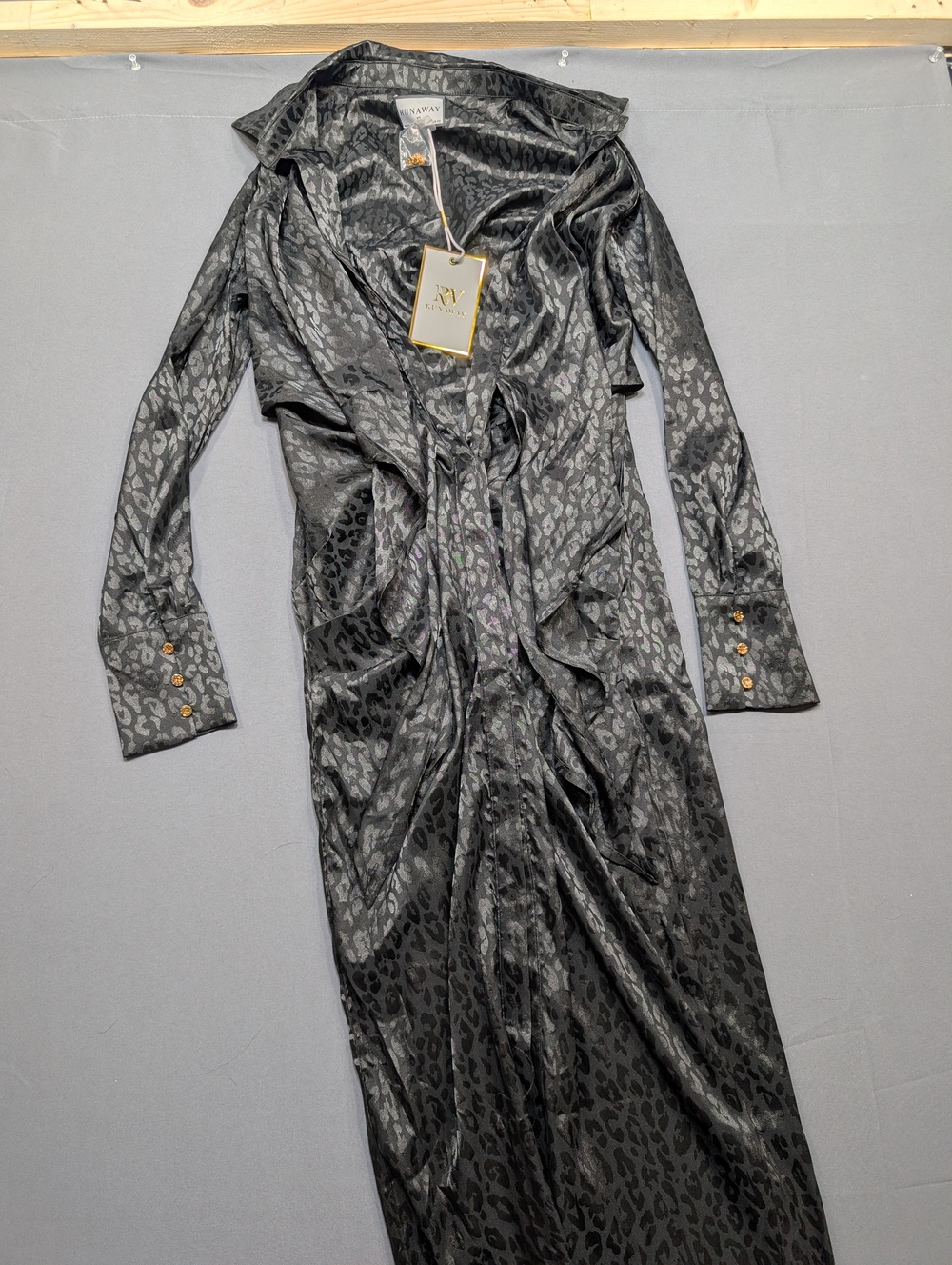 Runaway black leopard print ruched long sleeve dress XS